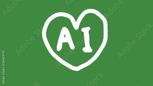 AI heart artificial intelligence tech empathy hand-drawn cartoon graphic with chalk outline AI heart icon and creative ethical artificial intelligence symbol isolated on green screen background.