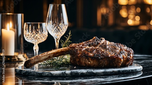 A luxury steakhouse concept featuring an enormous tomahawk steak presented on a dark marble table beside crystal wine glasses and dramatic ambient lighting