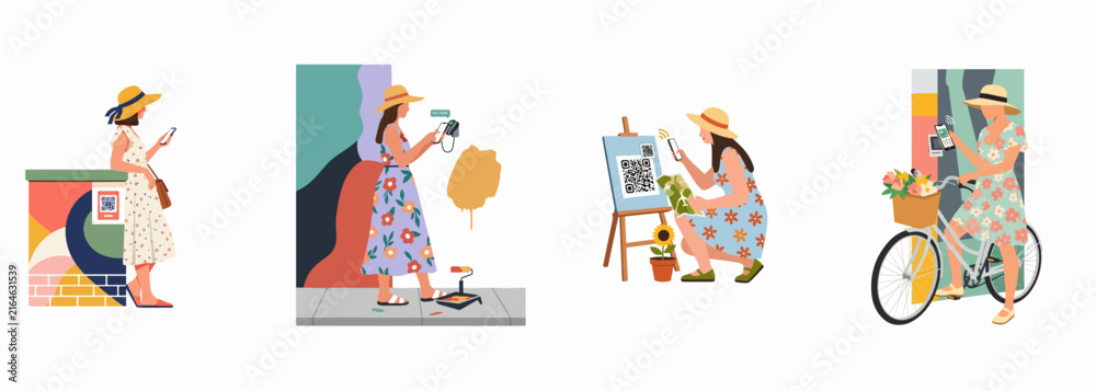 Fototapeta premium Set of flat vector illustrations featuring women in summer outfits interacting with QR codes through their smartphones in various lifestyle scenarios.