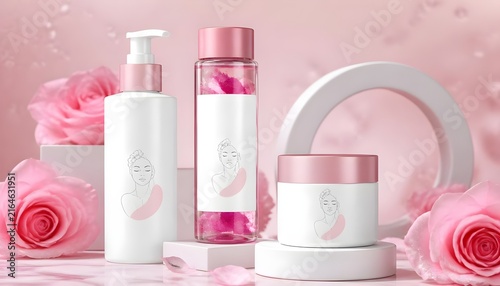 Realistic skincare cosmetics featuring geometric shapes, including a cleanser, toner, and hydrating cream, all in a 3D mockup with white bottle packaging.