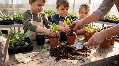 Children transplant edible seedlings at a greenhouse worktable