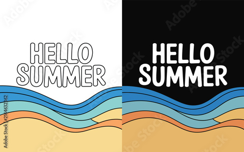 Hello summer lettering typography vector design with waves and sand layers
