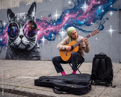 Street busker playing acoustic guitar on an urban sidewalk next to a vibrant cat graffiti mural