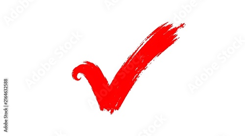 A vibrant red check mark brushstroke illustration on a white background signifying completion approval correctness and positive confirmation