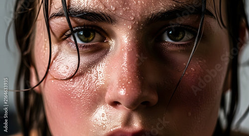 Close-up portrait of young woman with sweat and water drops on face.