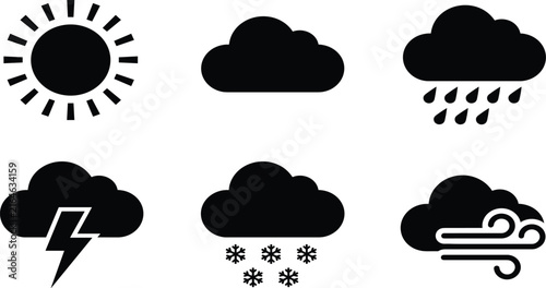 фотографія Black silhouette vector illustration set of weather forecast, climate, and meteo