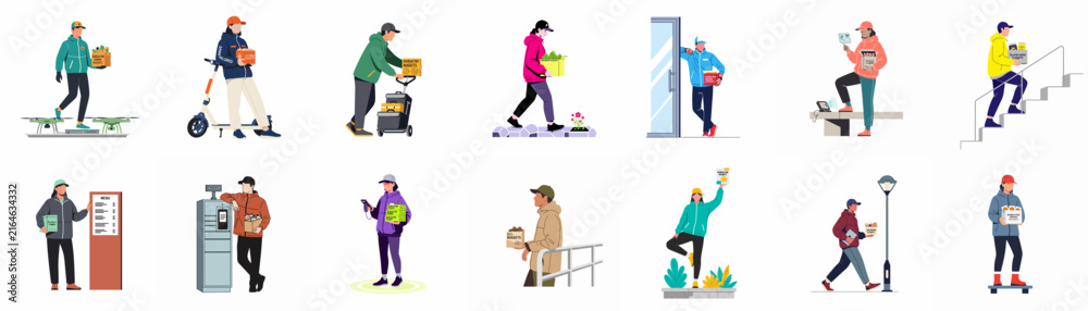 Obraz premium Diverse delivery couriers collection in flat illustration style, showcasing various modes of package and food delivery services on a white background.
