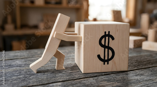 Wooden figure pushing a block with a dollar sign symbol