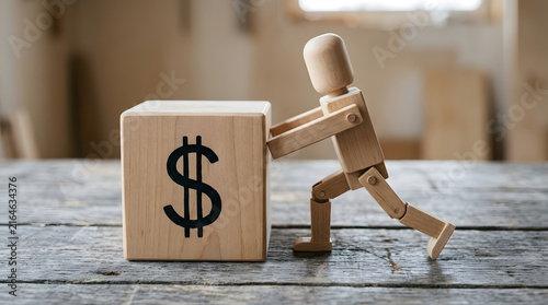 Wooden mannequin pushing a cube with a dollar sign symbol