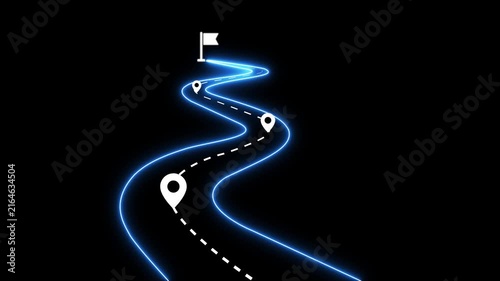 Neon glowing roadmap infographic with animated location pins and finish line flag