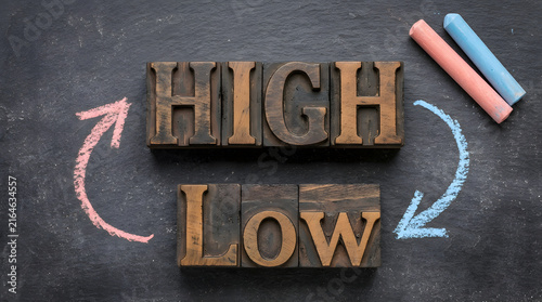 High and low text on a chalkboard with colorful chalk arrows
