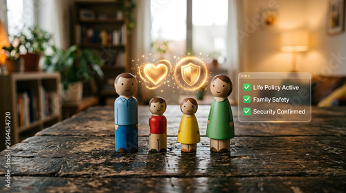 Wooden family figurines with digital icons in a cozy home