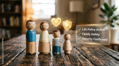 Wooden family figurines standing on a rustic wooden table