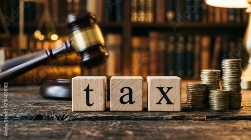 Wooden tax blocks with a gavel and coins on a desk