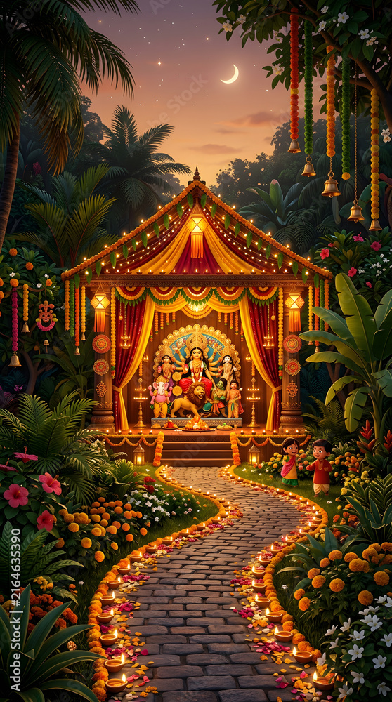 Fototapeta premium Traditional Durga Puja pandal decorated with warm lights and flowers