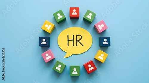 Hr concept with wooden blocks and speech bubble