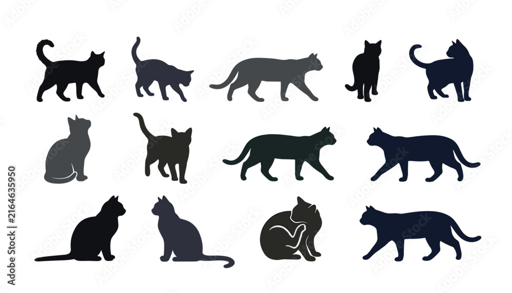 Obraz premium Vector collection of domestic cat silhouettes in various poses including walking sitting stretching and scratching isolated on background