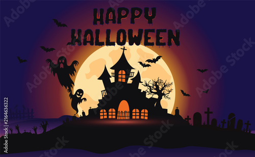 Happy Halloween Haunted House with Ghosts and Bats, Spooky Night Illustration