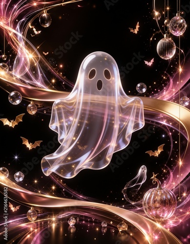 ローズゴールドの光をまとった幽霊とかぼちゃの縦型ハロウィン背景
