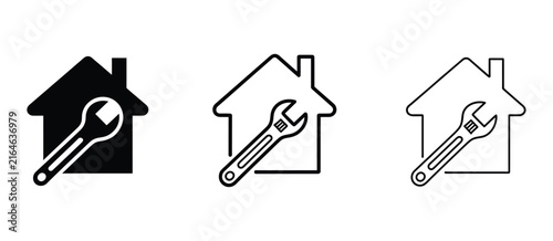 House icons with wrench symbol representing home repair maintenance renovation services property improvement and construction support