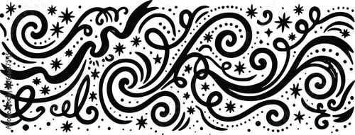 Decorative vector border illustration featuring hand drawn flowing black swirls and elegant star shapes set against a plain white background for creative graphic design asset projects