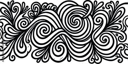 Ornate vector illustration featuring bold black and white swirling patterns creating a continuous decorative border design for artistic graphic projects on a clean empty white background
