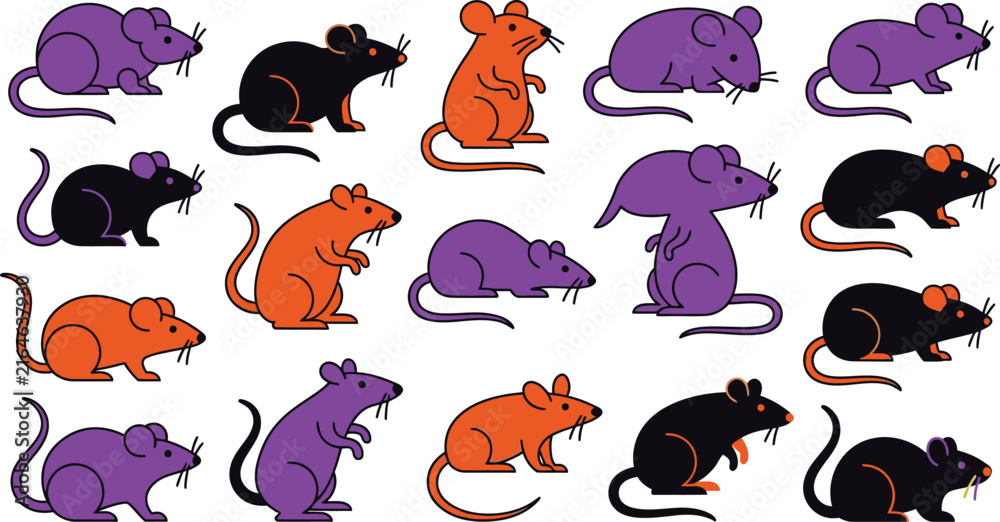 Obraz premium A collection of colorful cartoon rats in black orange and purple colors perfect for a fun spooky halloween design project