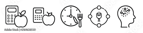 Minimalist nutrition and diet icons set, calorie calculator and healthy eating vector symbols, intermittent fasting and brain health graphics