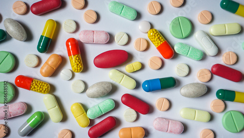 Принти на полотні Top view of several colorful antibiotics and health supplements