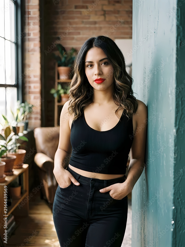 Fototapeta premium Stunning Latina Woman with Bold Red Lips in Black Tank Top