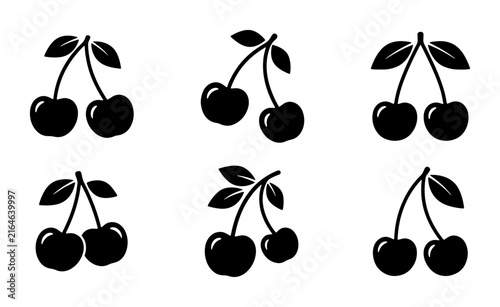 Set of 6 Black Cherry Icons, Simple Vector Fruit Illustrations, Fresh Summer Berry Graphics, Healthy Food Elements
