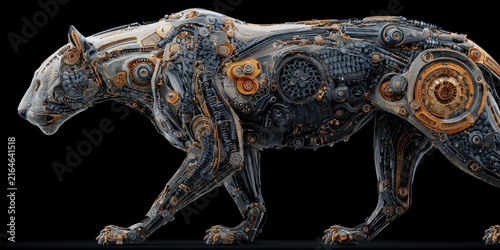 Steampunk leopard illustration mechanical animal with gears and details