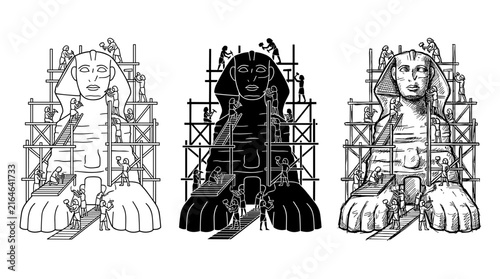 Great Sphinx of Giza under construction or maintenance with workers and scaffolding, in three artistic styles