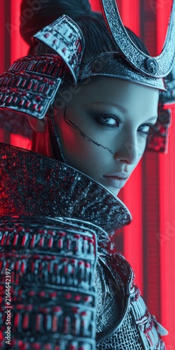 Woman in samurai armor portrait intricate design and red lighting studio shot