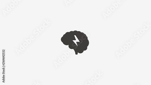Minimalist graphic icon of human brain with lightning bolt symbol pulsing smoothly on solid white background loop.