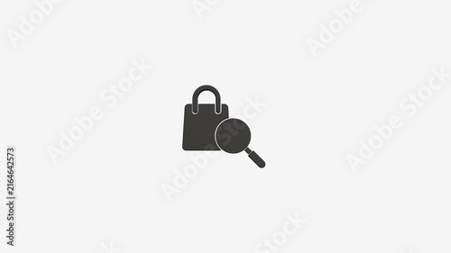Minimalist shopping bag icon with magnifying glass symbol animation isolated on plain white background digital motion.
