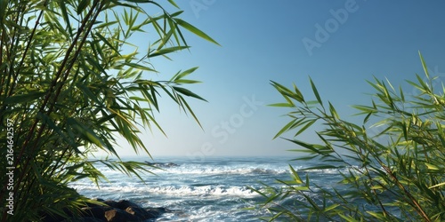 Ocean view with bamboo plants clear blue sky and gentle waves nature background