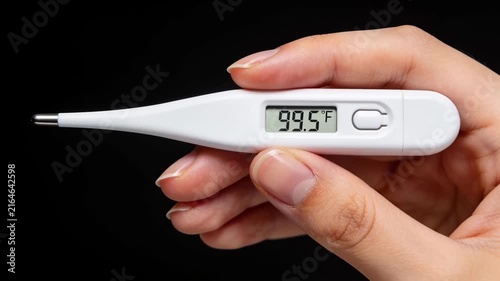 Extreme close-up of a digital thermometer showing a temperature of 99.5 F in a woman's hand. Low grade fever and seasonal viruses