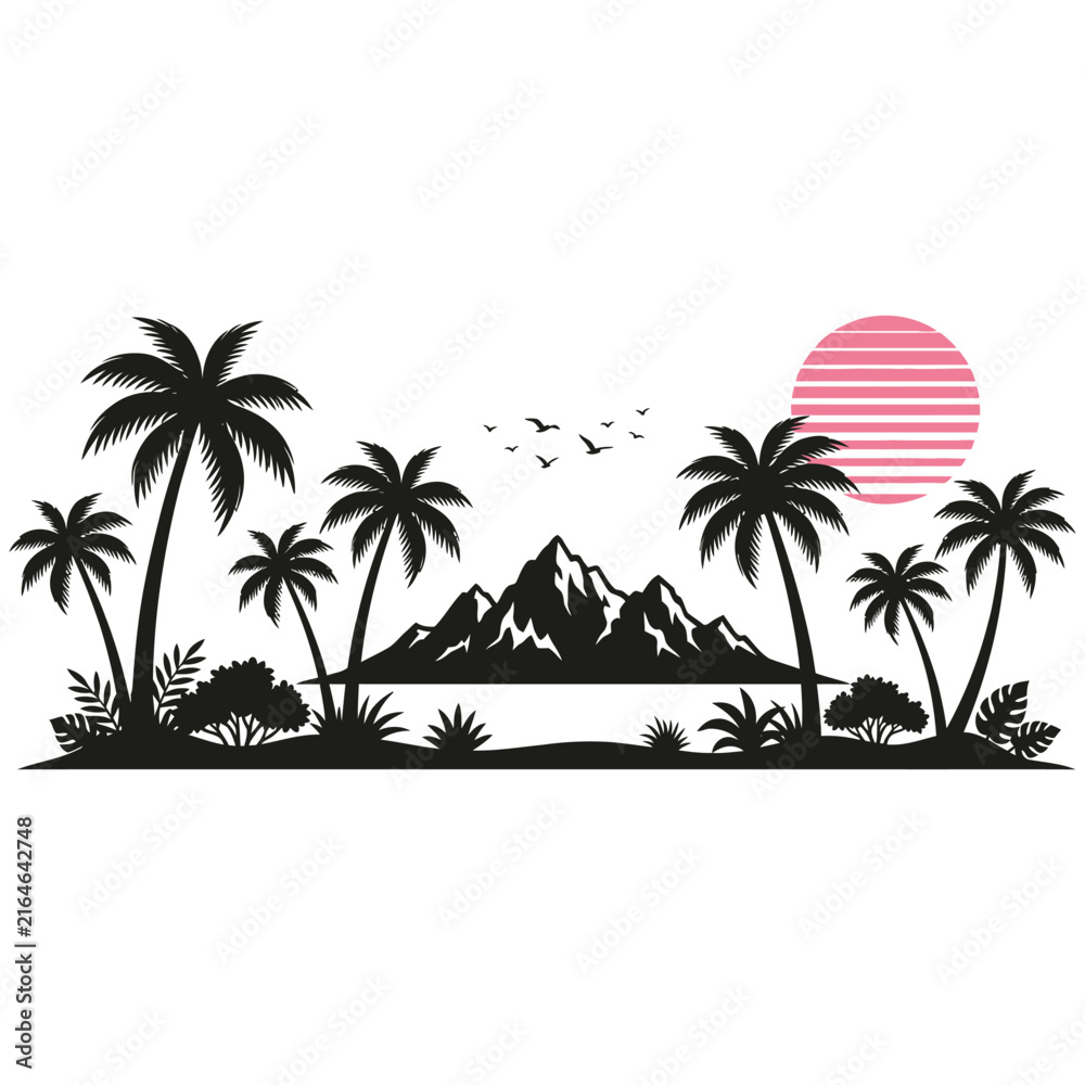 Fototapeta premium Black silhouette of palm trees and mountain landscape with a pink striped sun isolated on transparent background