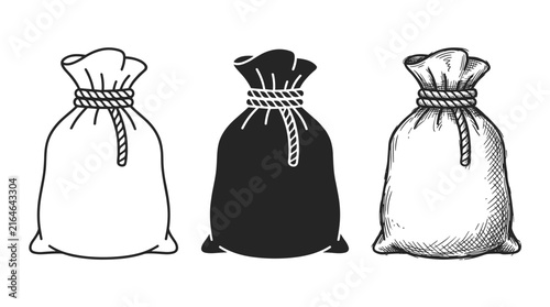 Three tied burlap sacks of goods or money in outline, silhouette, and hand-drawn sketch styles