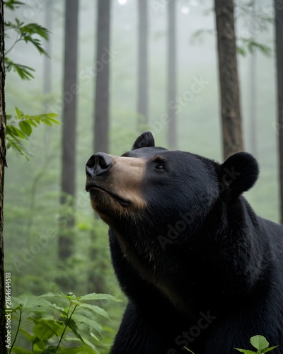 A  asiatic black bear in a shadow bound forest