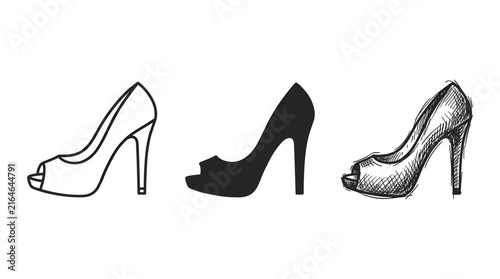 Konstfotografi Three high heel shoes depicted as outline, silhouette, and detailed sketch icons
