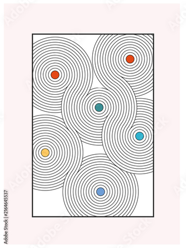 Abstract Concentric Circle Pattern with Colorful Dots and Geometric Line Art