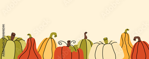 Autumn harvest colorful pumpkins doodle vector border for greeting cards