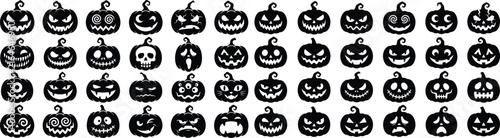 Halloween scary pumpkin silhouette vector set with spooky jack o lantern devil face icons isolated on white background