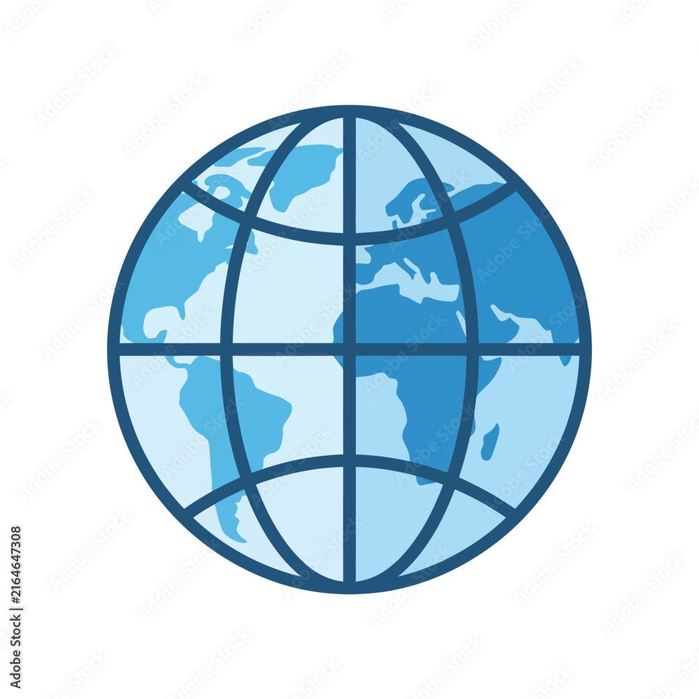 Obraz premium Blue Globe Icon - World Map Representation with Grid Lines