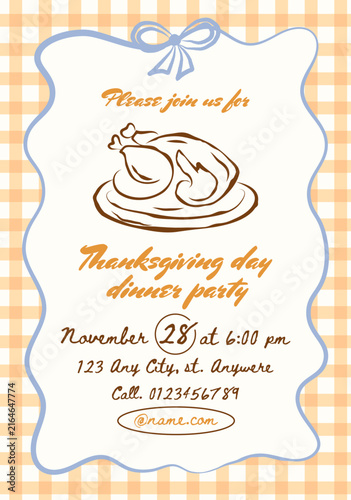 Thanksgiving Dinner Cute Invitation Template With Turkey Line Art Whimsical Hand Drawn Vector Flyer on Gingham Background. Perfect for Family Feast Autumn Celebration Greeting Card Poster Party Invite