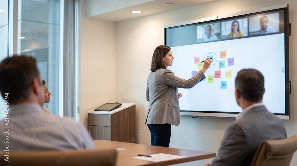 Naklejka premium Smartboard brainstorm facilitator circling key points in hybrid meeting room