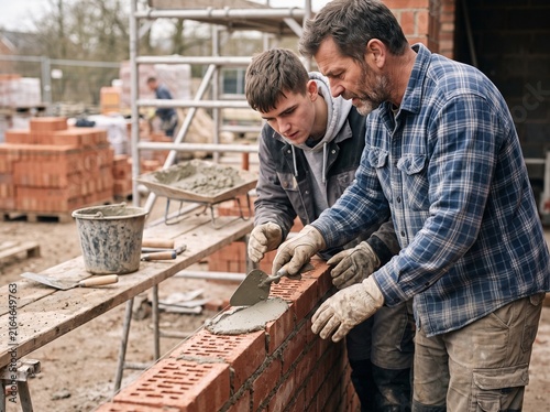Plakat Mason mentor teaching apprentice even mortar application on brick wall