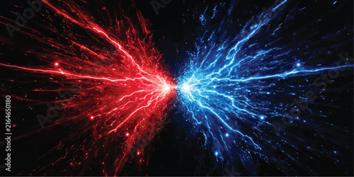 Red and blue lightning bolts clashing from opposite sides in a dramatic cosmic collision concept with lightning collision electric opposition abstract background universe explosion dramatic